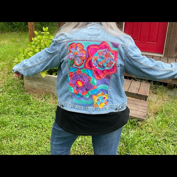 Whimsical HAND DESIGNED LEVI upcycled Jean jacket. Boho unique colorful! - Picture 1 of 11